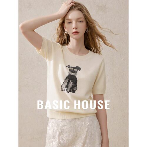 Basic House/百家好韩系圆领小狗短袖针织衫女夏宽松减龄显瘦上衣