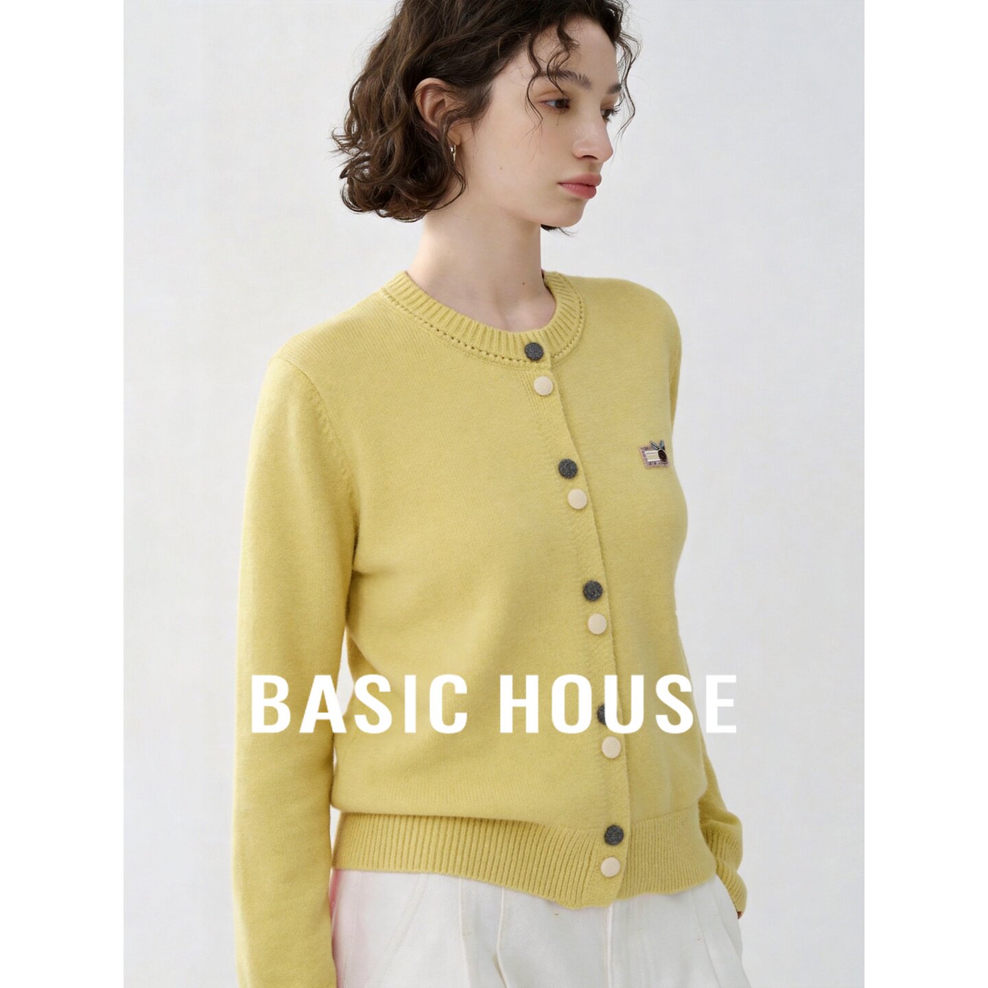 Basic House/百家好2026秋季黄色撞色宽松短款长袖日常针织开衫女