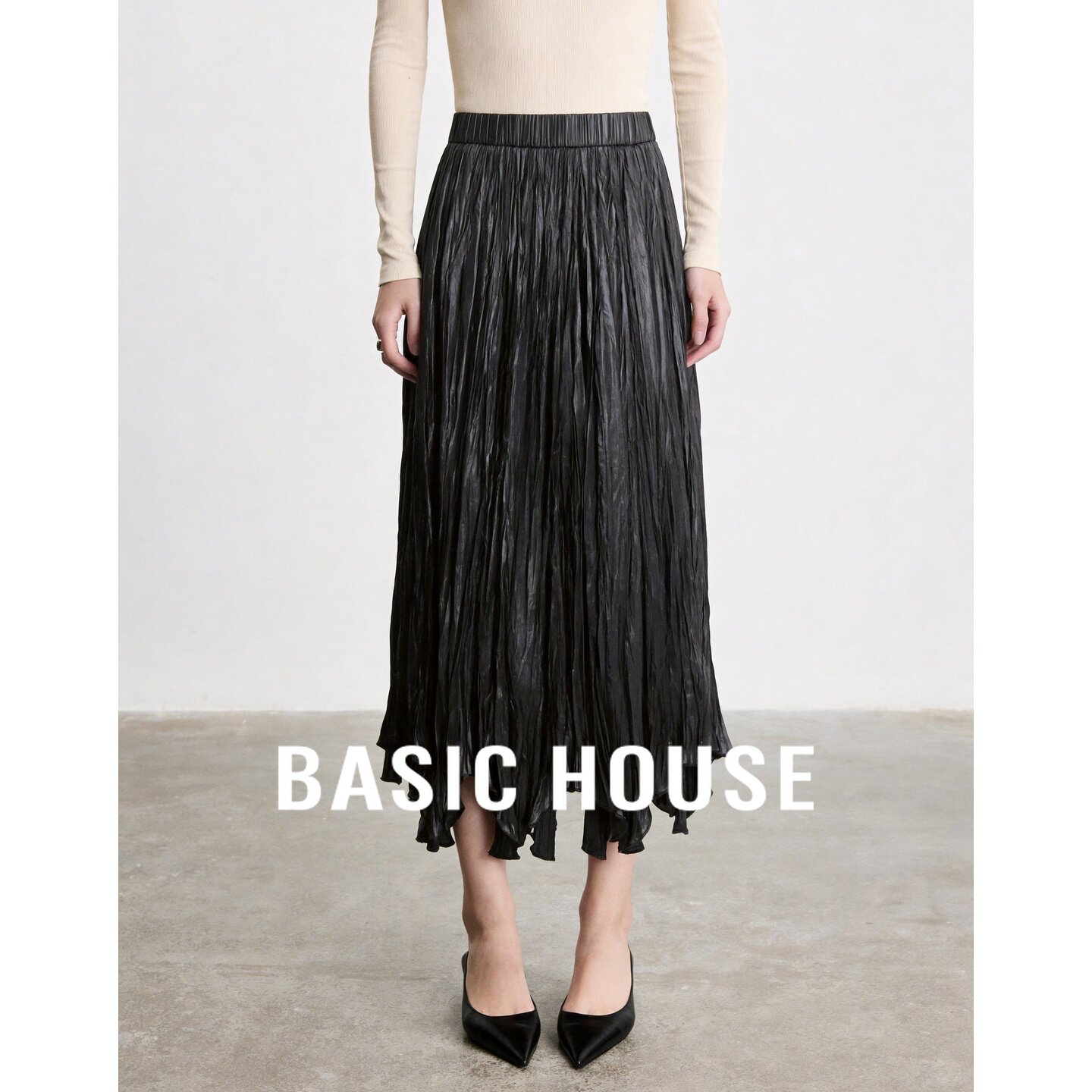 Basic House/百家好黑色褶皱半身裙女优雅气质中长款设计感A字裙