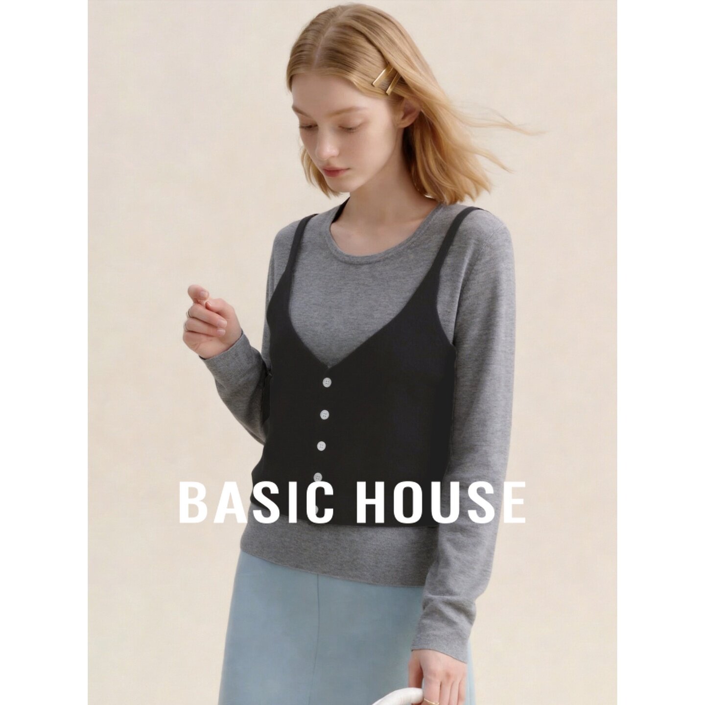 Basic House/百家好极简羊毛假两件撞色拼接圆领针织衫女修身上衣