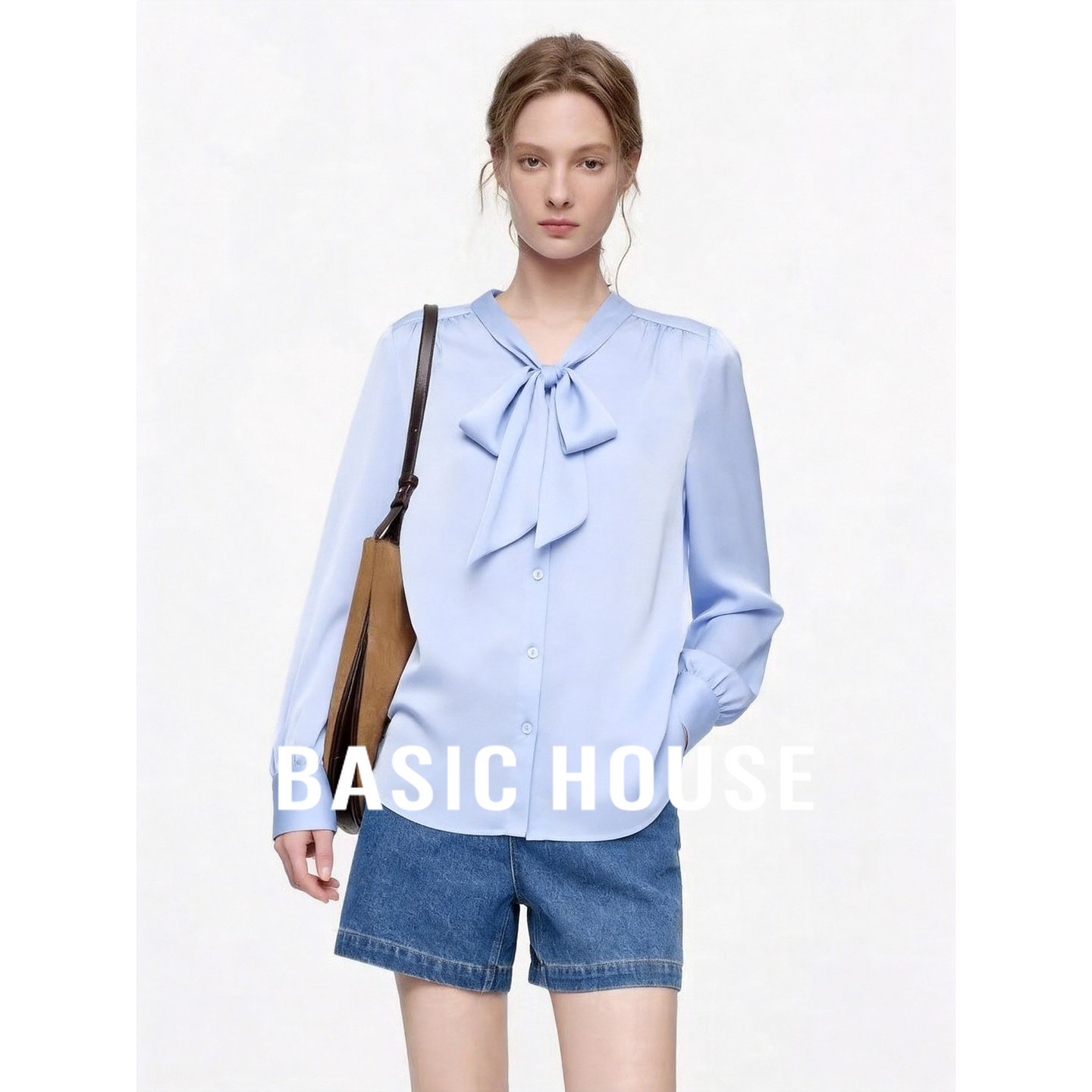 Basic House/百家好蓝色蝴蝶结飘带衬衫女长袖V领系带气质上衣