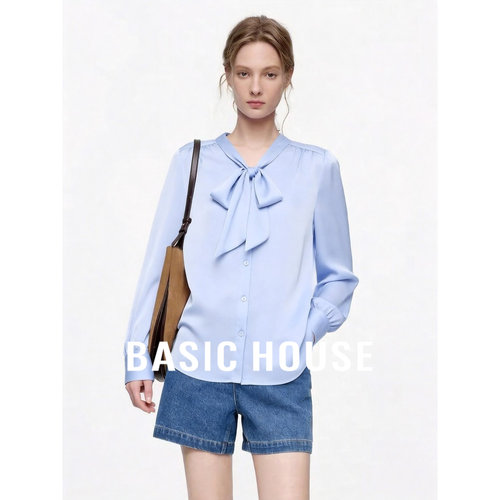 Basic House/百家好蓝色蝴蝶结飘带衬衫女长袖V领系带气质上衣