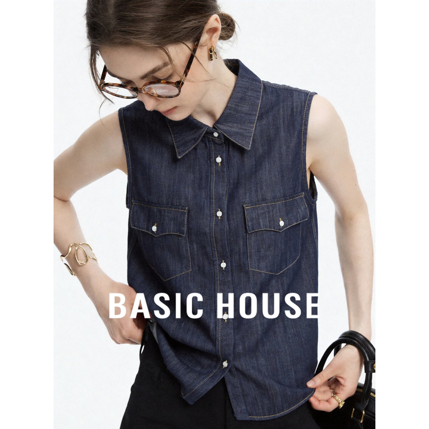 Basic House/百家好工装风牛仔马甲女2026夏无袖翻领日常叠穿背心
