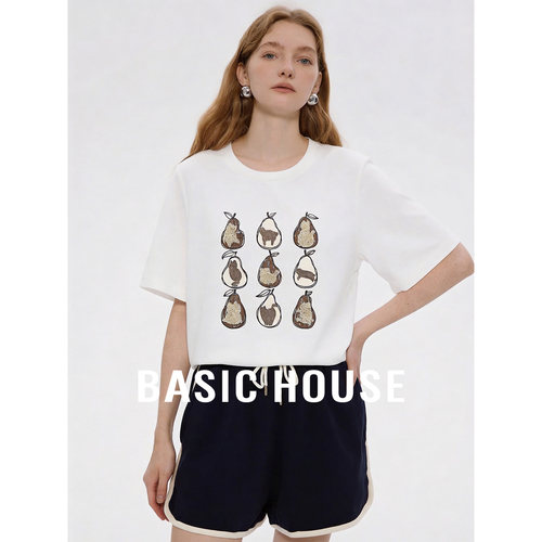Basic House/百家好白色圆领印花设计短袖T恤女2026夏季舒适上衣