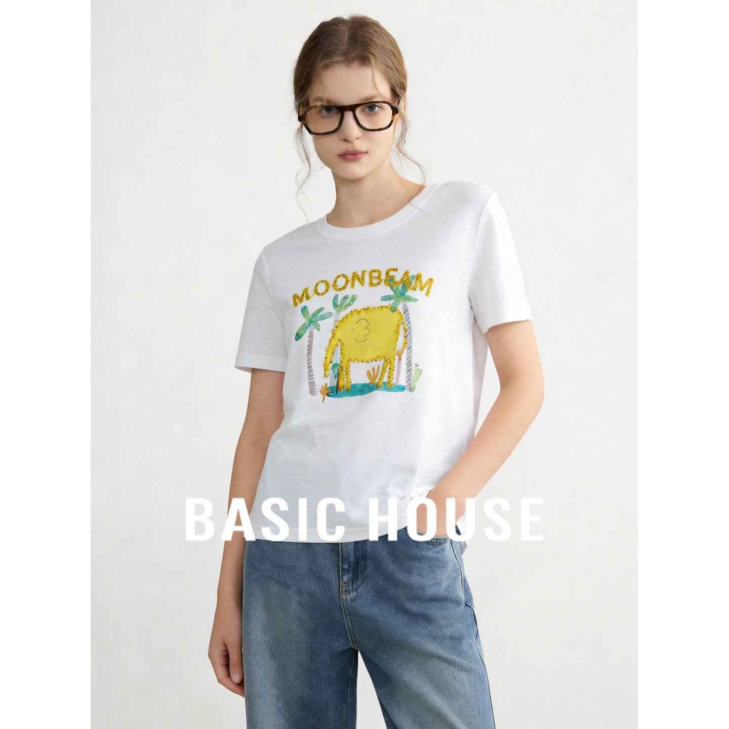 Basic House/百家好圆领印花设计感短袖T恤女夏含棉舒适百搭上衣