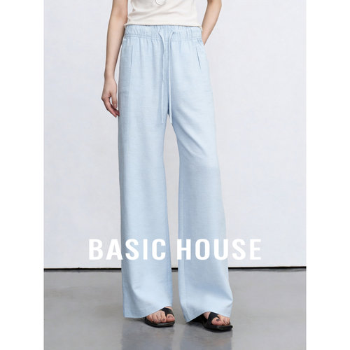 Basic House/百家好浅蓝色韩系直筒阔腿裤女2026夏季薄款显瘦长裤