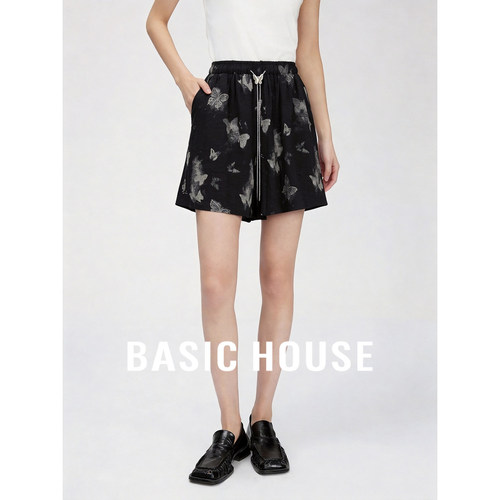Basic House/百家好黑色蝴蝶印花休闲裤女夏抽绳显瘦百搭亚麻短裤