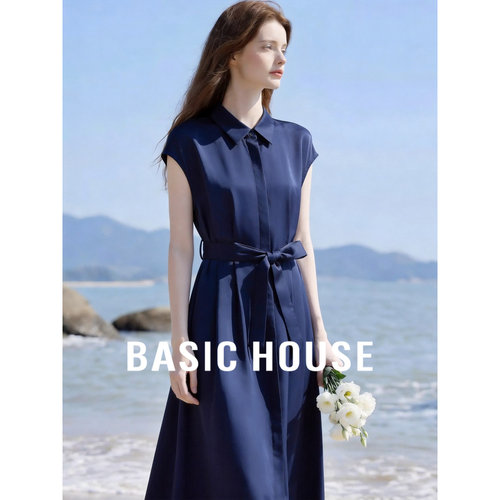 Basic House/百家好通勤风POLO领中长裙藏青色系带收腰显瘦连衣裙