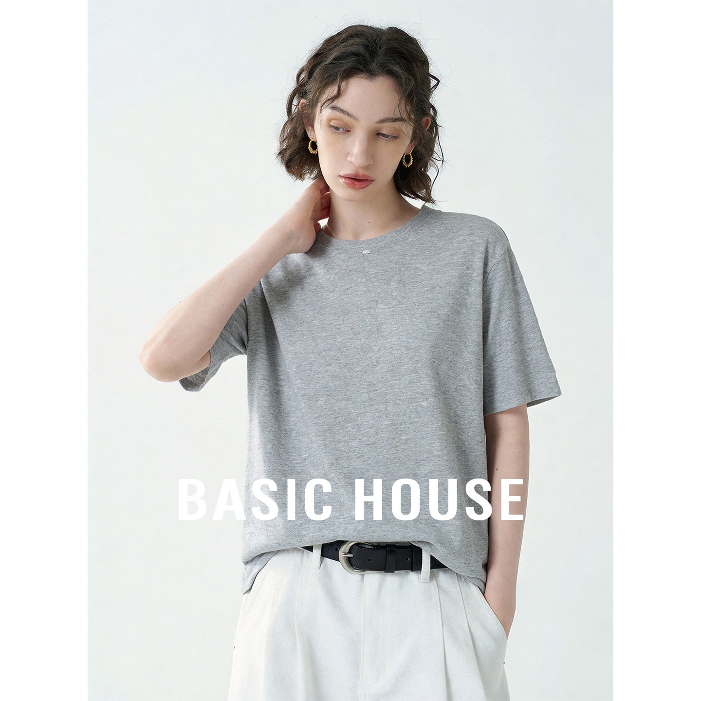 Basic House/百家好圆领套头短袖T恤女2026夏季纯色宽松内搭上衣