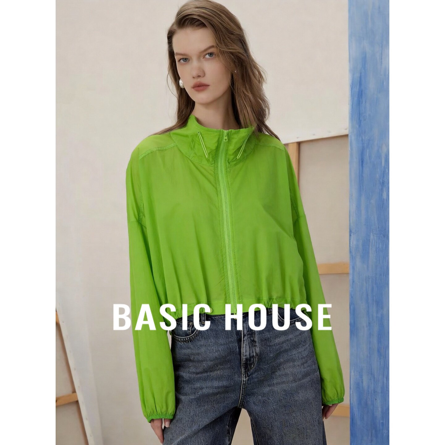 Basic House/百家好绿色防晒衣木耳边立领抽绳收腰宽松短外套女夏