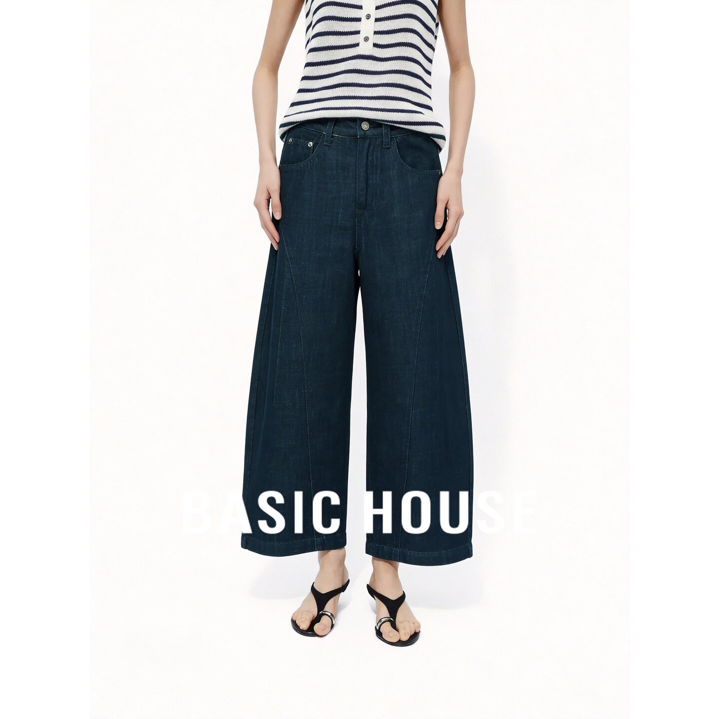 Basic House/百家好深蓝色牛仔阔腿裤女夏高腰垂坠感舒适九分裤