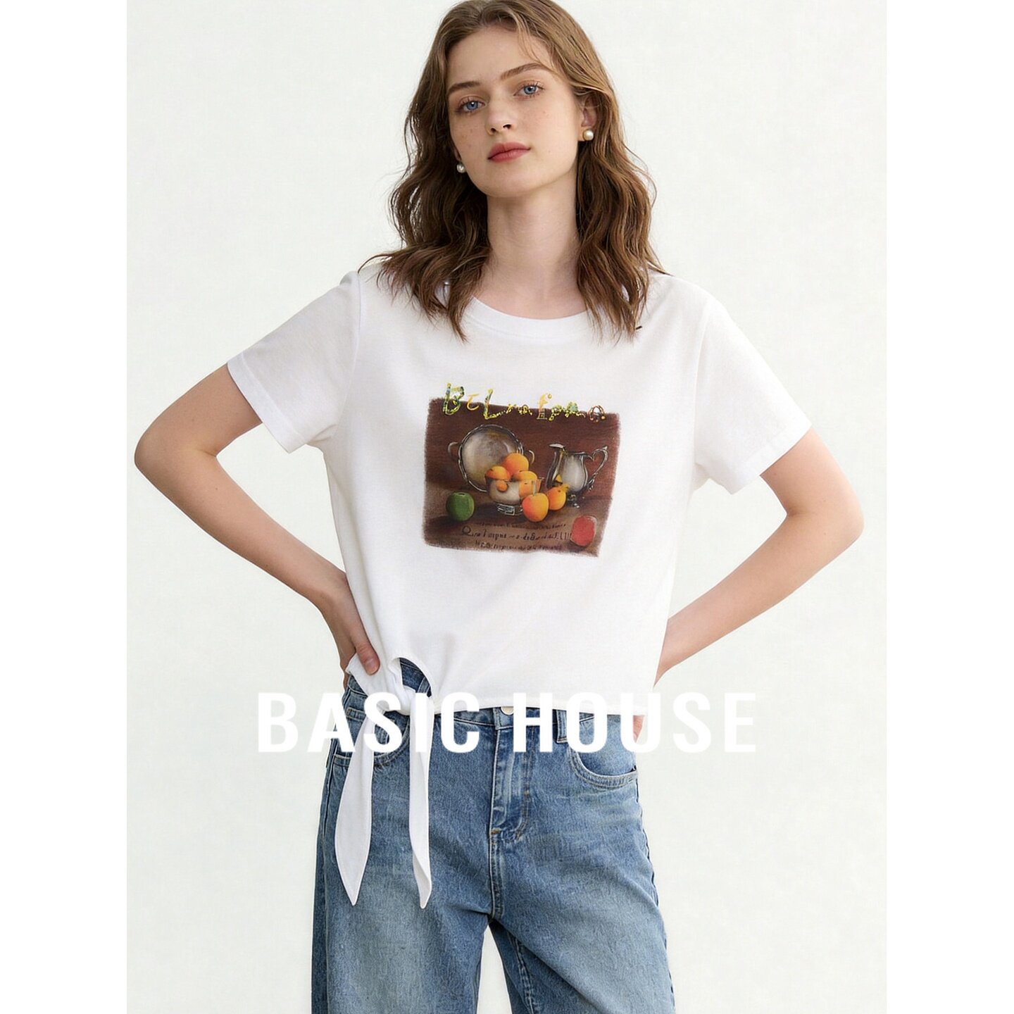 Basic House/百家好水果印花短袖T恤女白色宽松百搭显瘦气质上衣