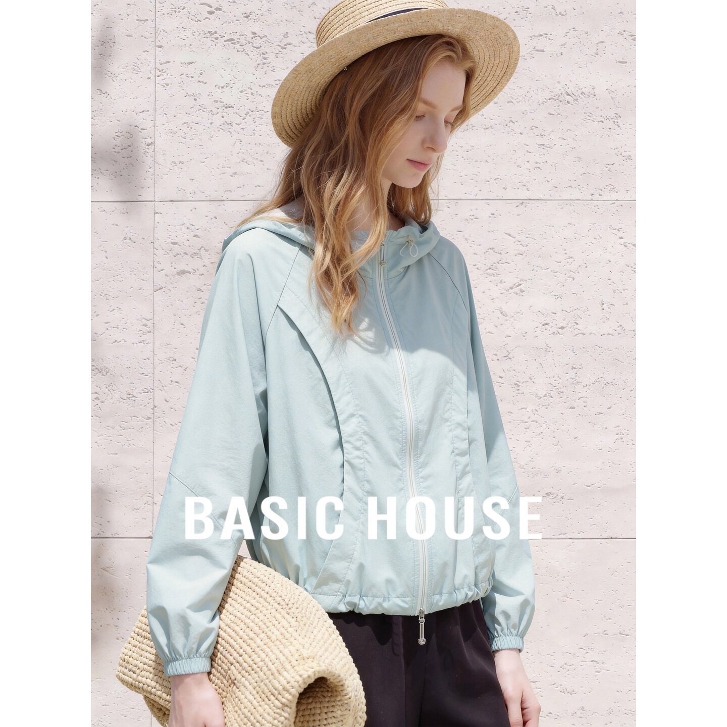 Basic House/百家好灰蓝色轻薄防晒衣女夏宽松拉链户外连帽短外套
