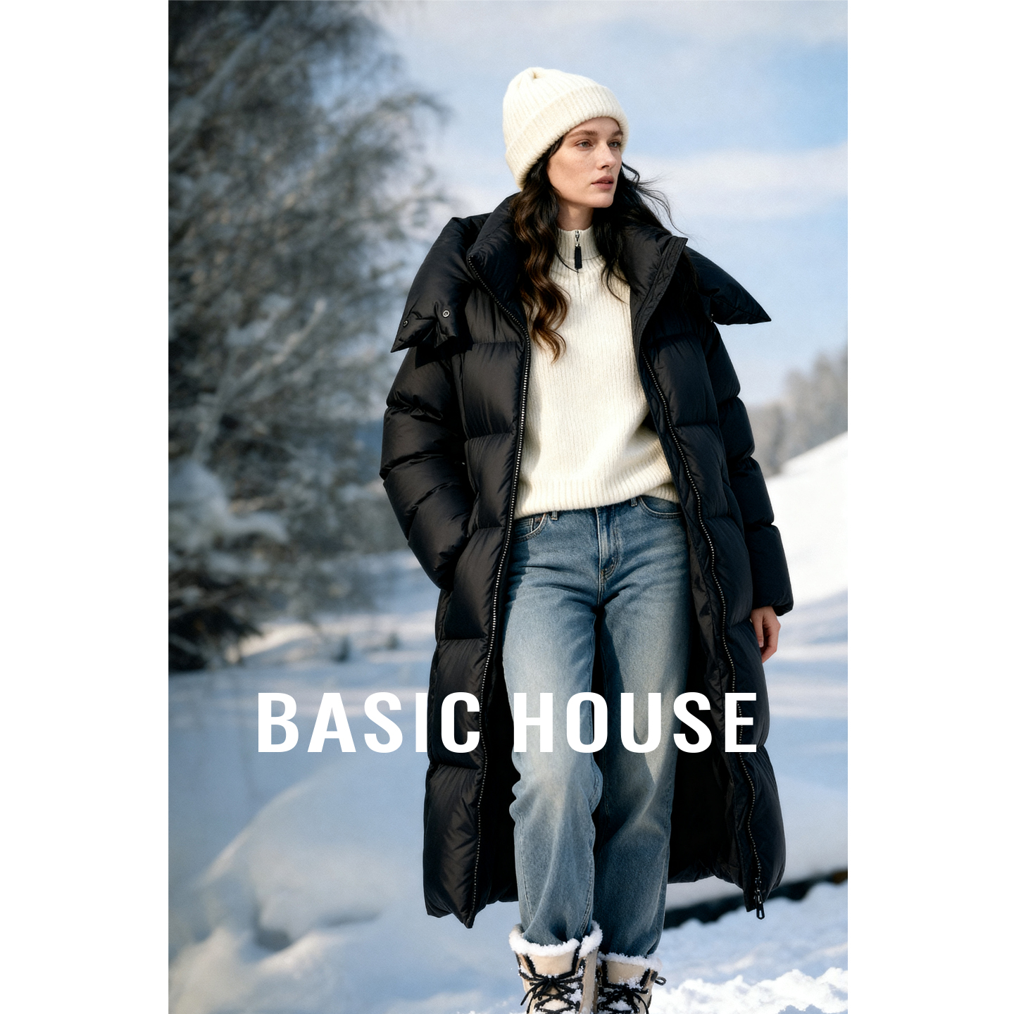 Basic House/百家好宽松显瘦中长款羽绒服加厚保暖连帽白鸭绒外套