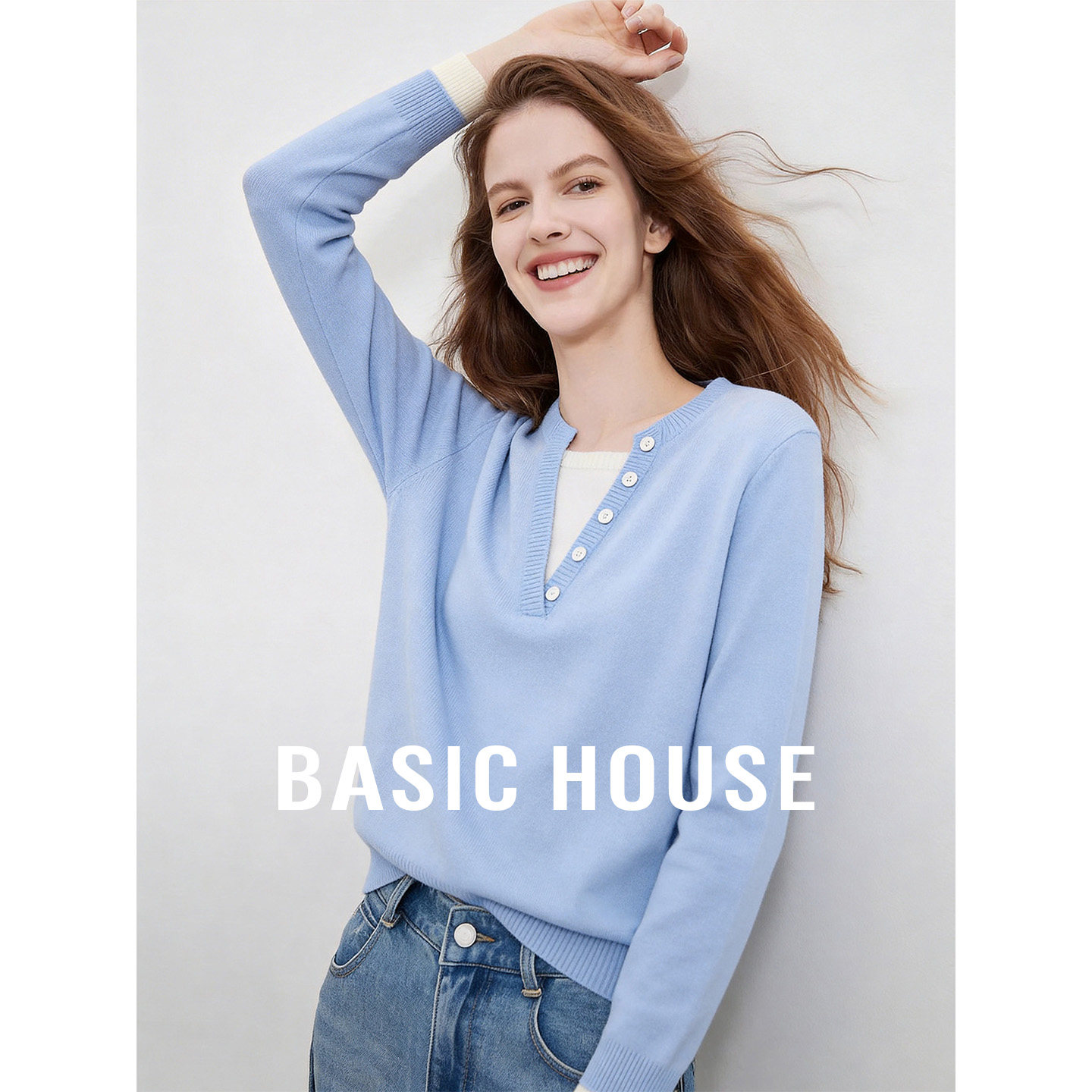 Basic House/百家好蓝色亮眼吸睛百搭针织衫女夏季新款套头上衣