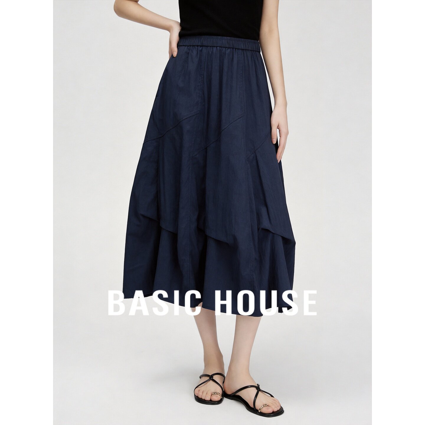 Basic House/百家好褶皱不规则半身裙女夏季松紧腰显瘦中长款裙子
