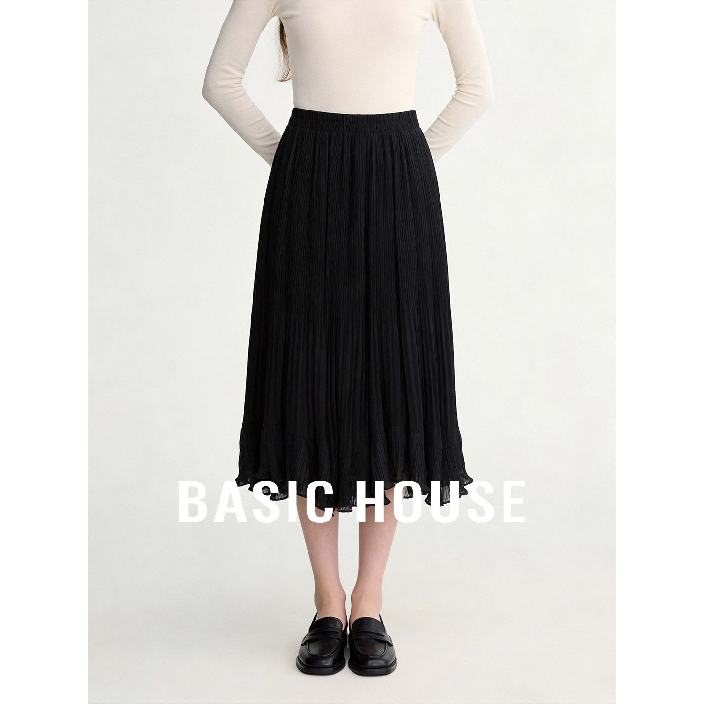 Basic House/百家好黑色高腰不规则裙摆半身裙女春季网纱A字摆裙