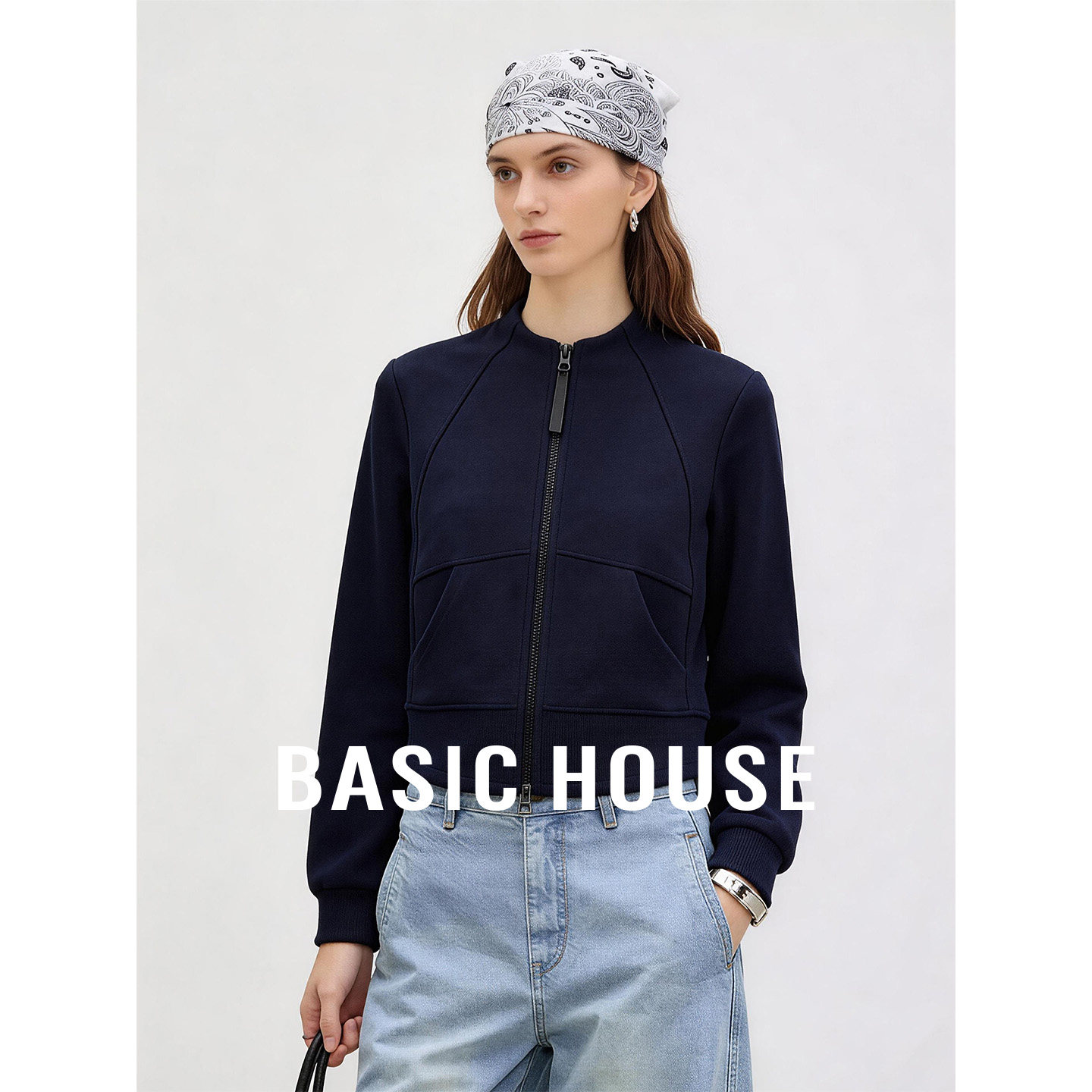Basic House/百家好纯色立领短款卫衣外套春季新款双头拉链上衣女