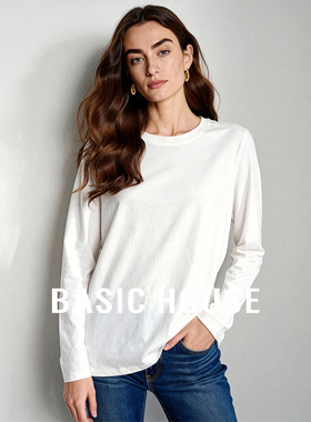 Basic House/百家好圆领基础简约长袖内搭打底女秋冬新款白色T恤