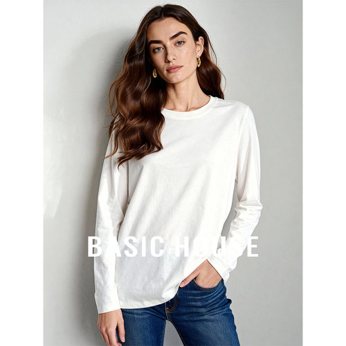 Basic House/百家好圆领基础简约长袖内搭打底女秋季新款白色T恤