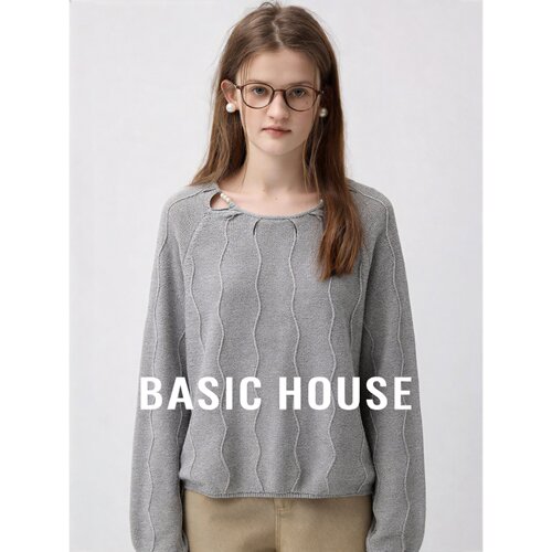 Basic House/百家好极简莱赛尔灰色圆领镂空针织衫女长袖宽松上衣