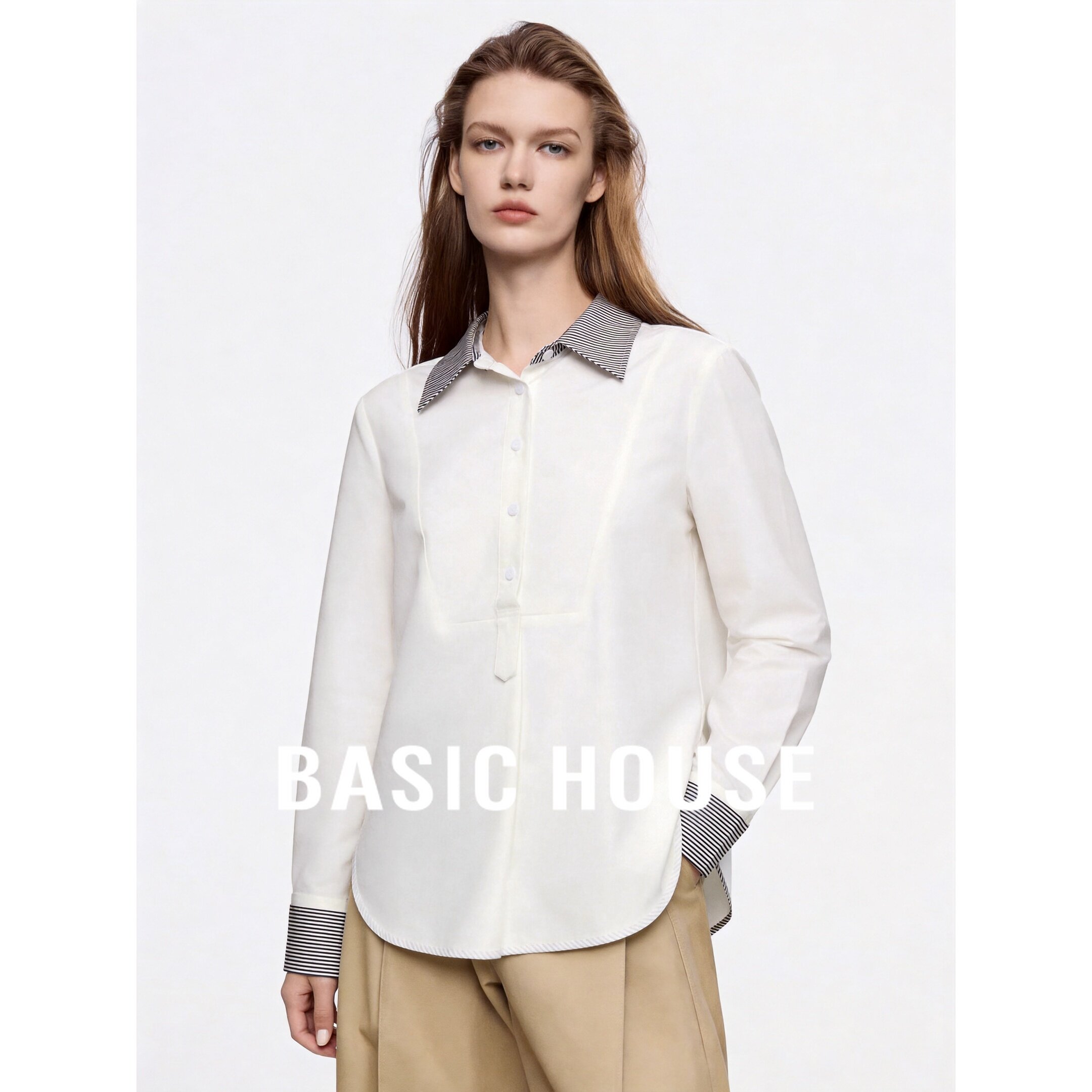 Basic House/百家好白色拼接翻领长袖衬衫女宽松通勤简约设计新款