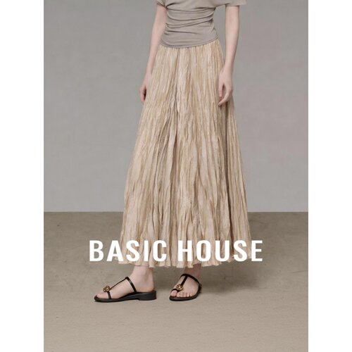 Basic House/百家好压褶高腰中长半身裙极简通勤垂感杏色A字裙女