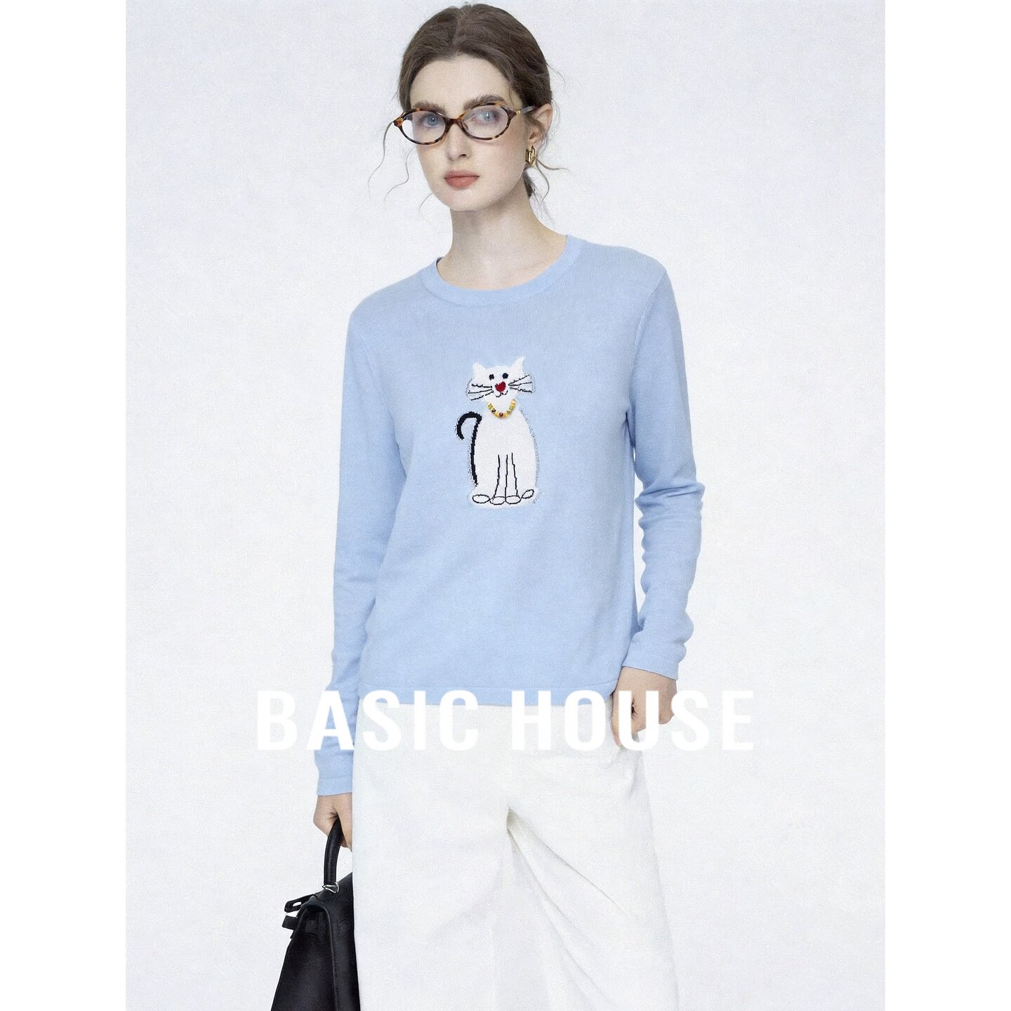 Basic House/百家好2026秋季蓝色圆领猫咪贴布宽松长袖新款针织衫