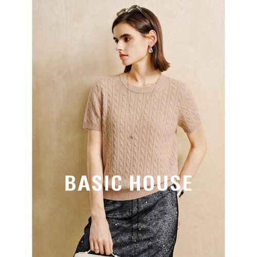 Basic House/百家好圆领羊毛短袖针织衫麻花修身女韩版简约浅驼色