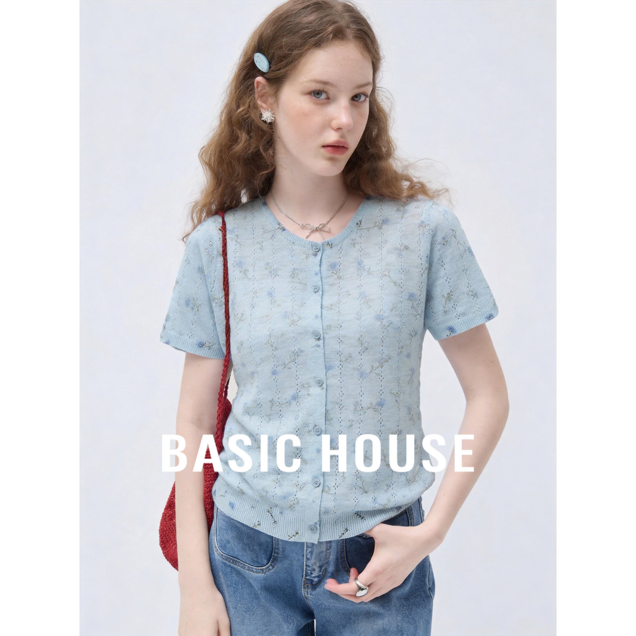 Basic House/百家好法式文艺风镂空碎花针织开衫女夏短袖显瘦毛衣