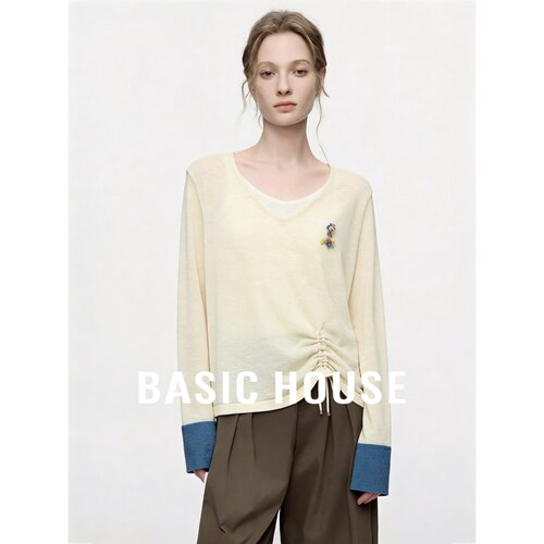 Basic House/百家好撞色假两件V领针织衫女秋季长袖休闲套头上衣