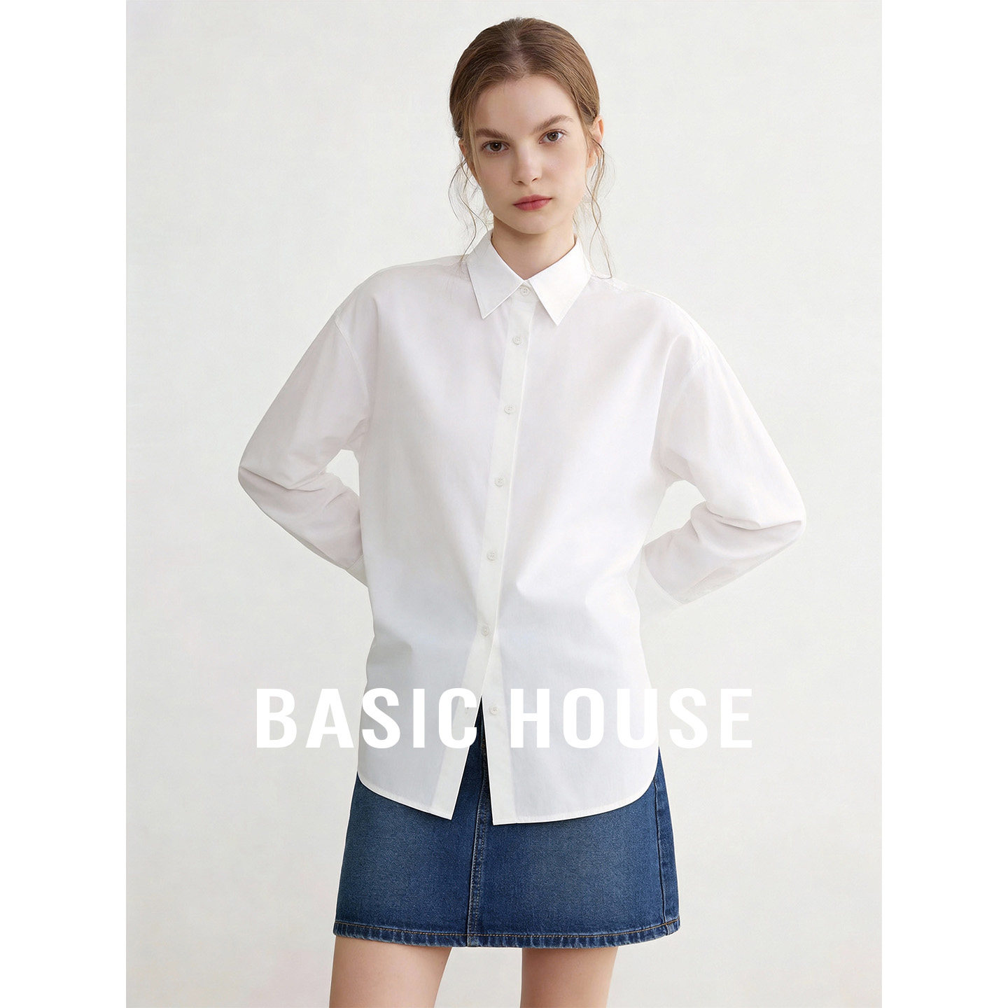 Basic House/百家好白色纯棉廓形极简衬衫女秋季宽松通勤百搭衬衣