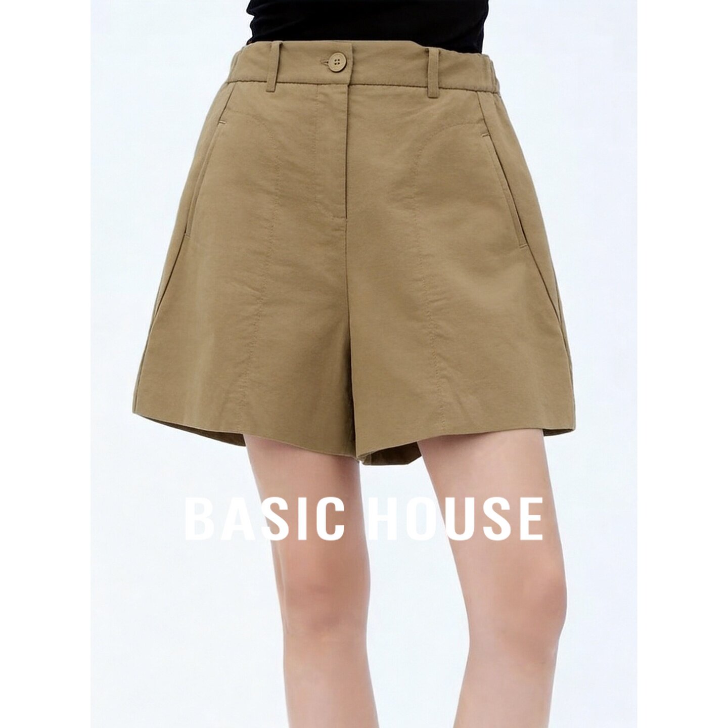 Basic House/百家好极简高腰A字阔腿短裤女夏卡其色全亚麻休闲裤