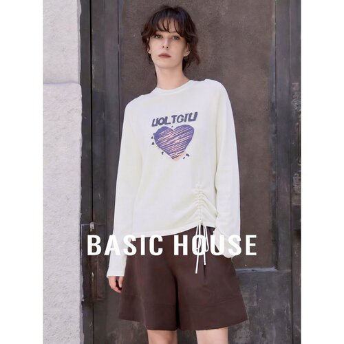 Basic House/百家好设计感侧边抽绳针织衫女爱心印花宽松显瘦上衣