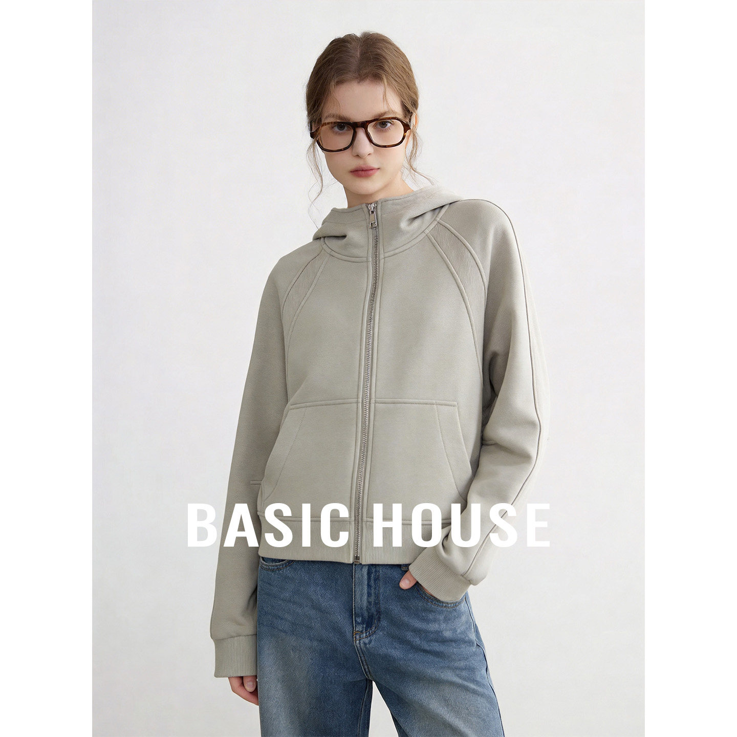 Basic House/百家好豆绿色连帽短款卫衣女春季新款简约百搭外套