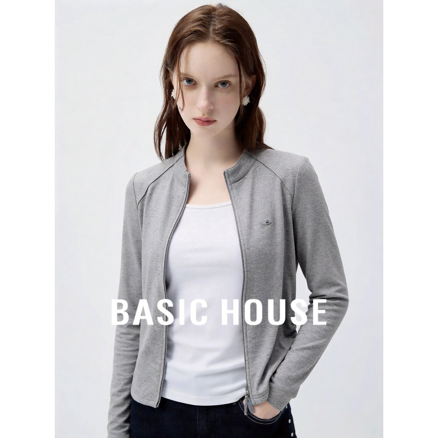Basic House/百家好灰色立领拉链外套女秋季修身长袖简约百搭卫衣