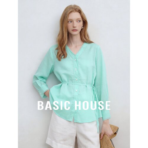 Basic House/百家好法式V领系带长袖薄款衬衫女夏薄荷绿苎麻上衣
