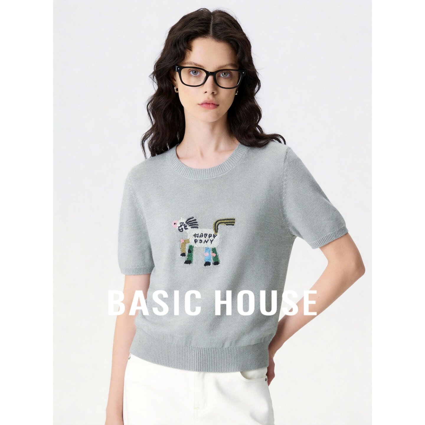 Basic House/百家好灰色亚麻轻薄透气短袖针织衫女夏季宽松短上衣