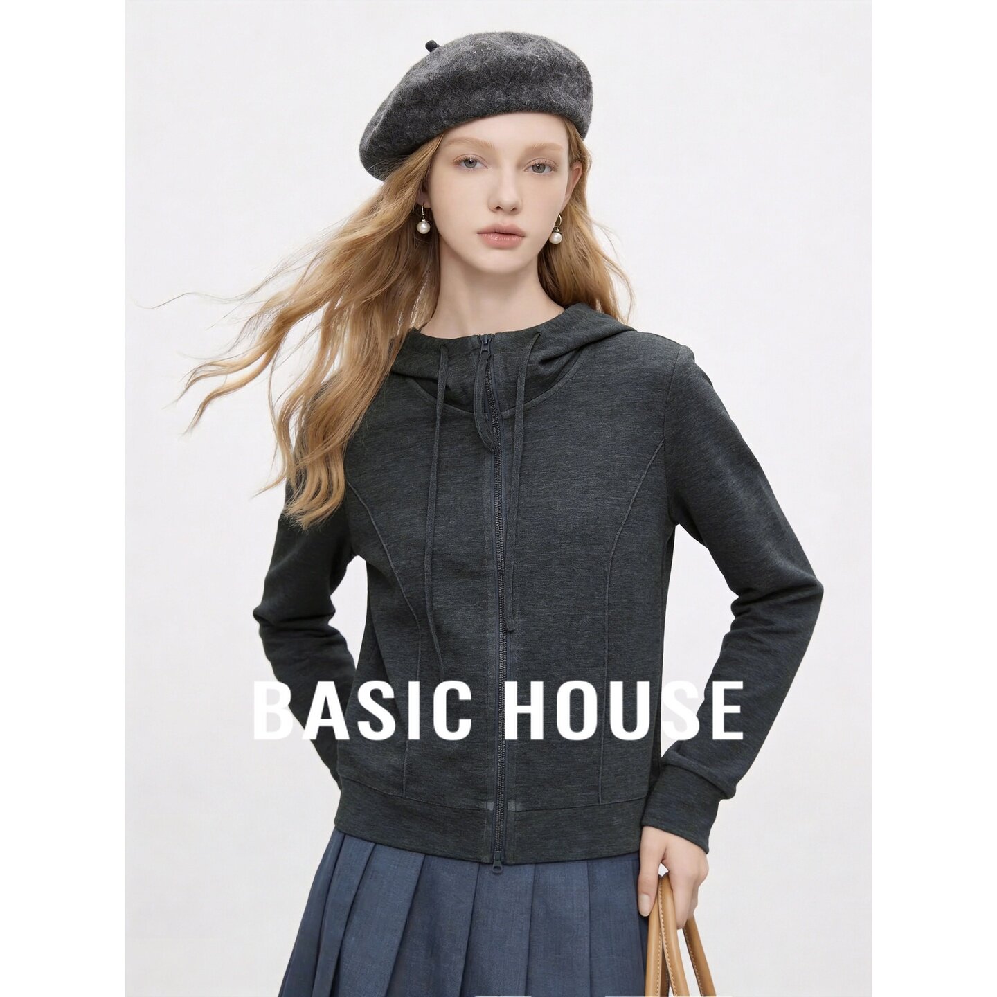 Basic House/百家好2026秋季灰色圆领宽松短款长袖简约通勤外套女