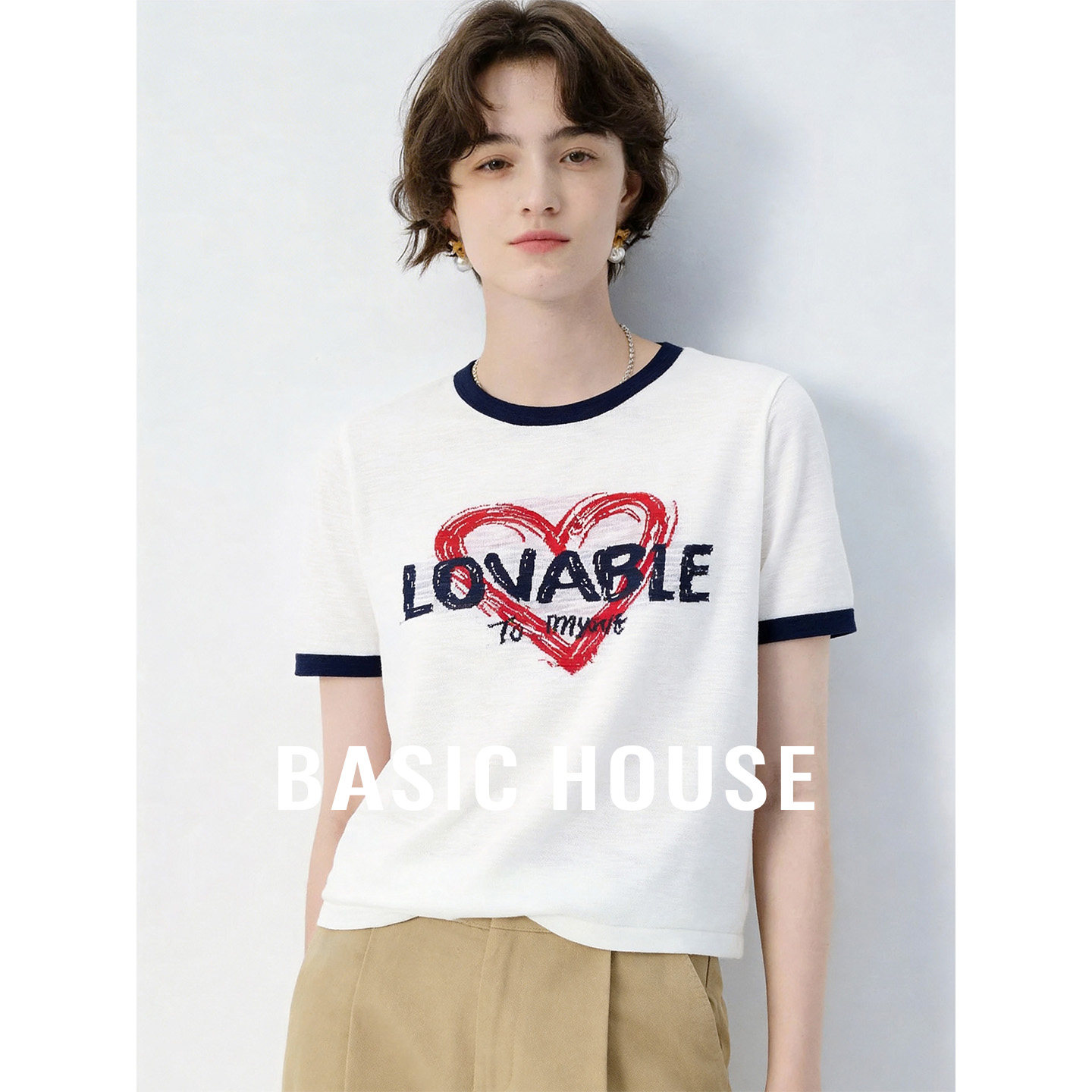 Basic House/百家好拼色爱心印花短袖针织衫女夏薄款圆领T恤上衣