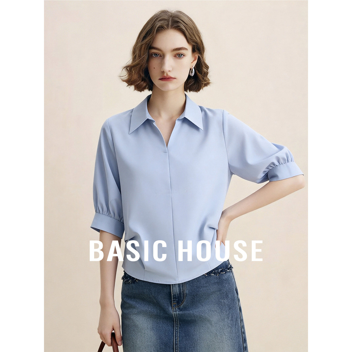 Basic House/百家好蓝色后开叉设计感五分袖衬衫女春季超好看上衣