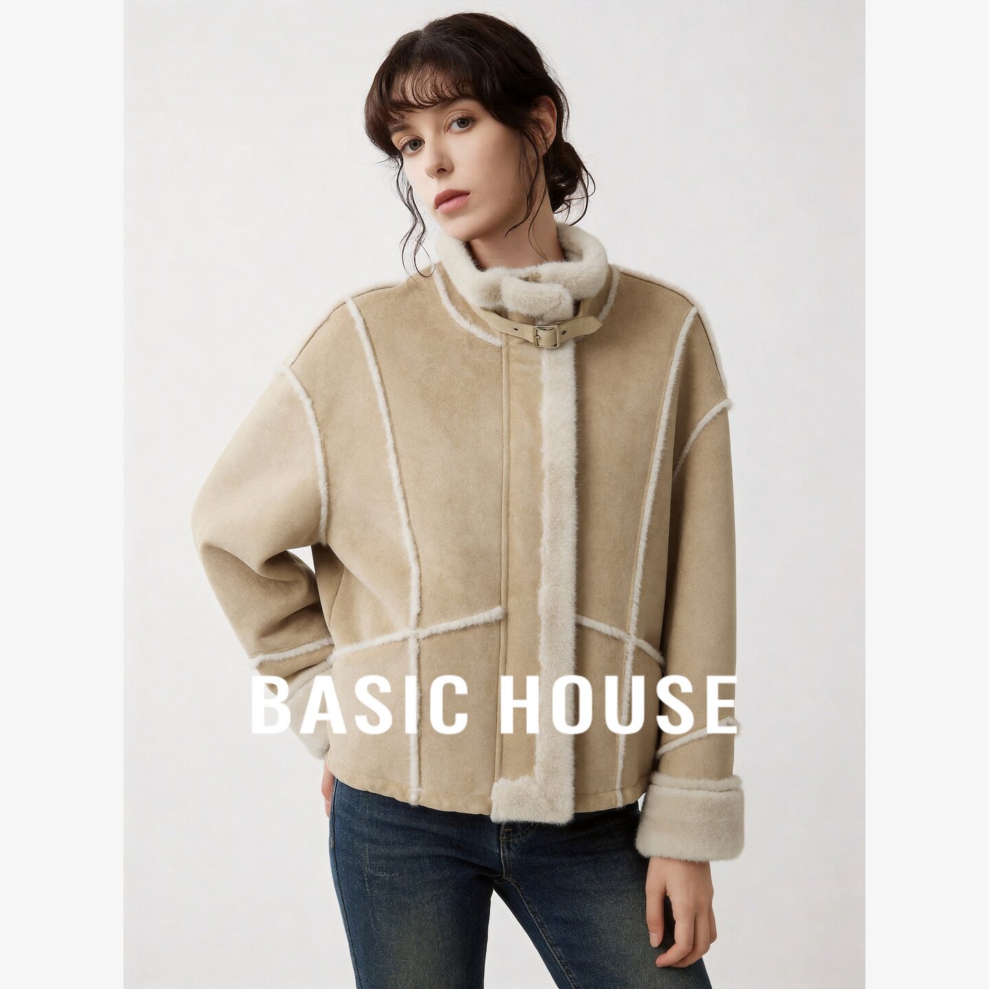 Basic House/百家好羊羔毛皮毛一体立领短外套女加绒加厚毛毛外套