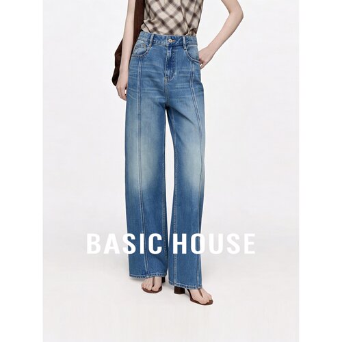 Basic House/百家好莱赛尔高腰阔腿牛仔裤女蓝色显瘦设计感直筒裤