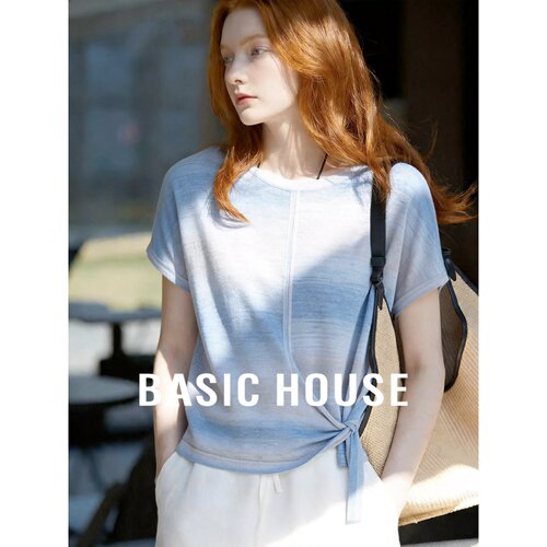 Basic House/百家好莱赛尔天丝渐变蓝圆领短袖系带针织衫女夏上衣