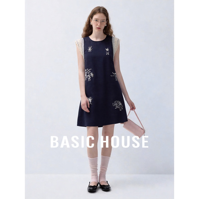 Basic House/百家好复古刺绣蕾丝袖边女夏无袖亚麻连衣裙宽松裙子