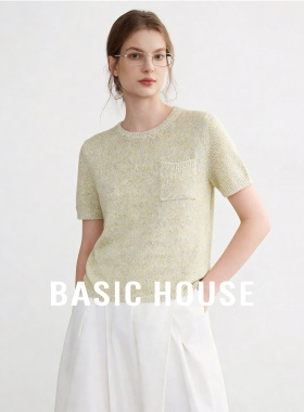 Basic House/百家好蓝色女士针织衫短袖夏2026新款圆领后开叉上衣