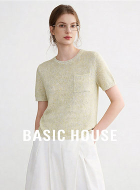 Basic House/百家好绿色女士针织衫短袖夏2026新款圆领后开叉上衣