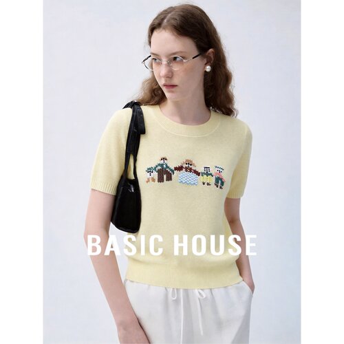 Basic House/百家好卡通刺绣短袖针织衫女夏黄色圆领宽松减龄上衣