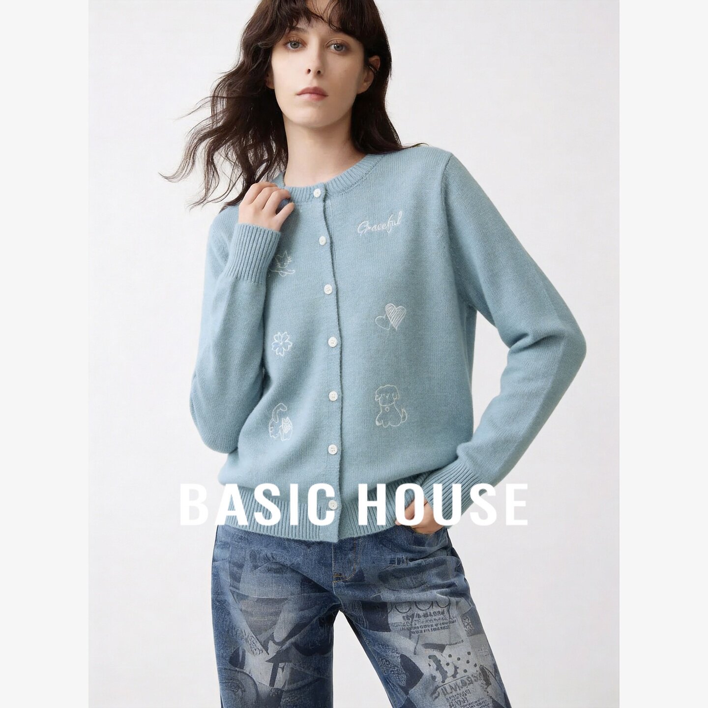 Basic House/百家好多巴胺卡通刺绣针织开衫女多纽扣宽松毛衣上衣