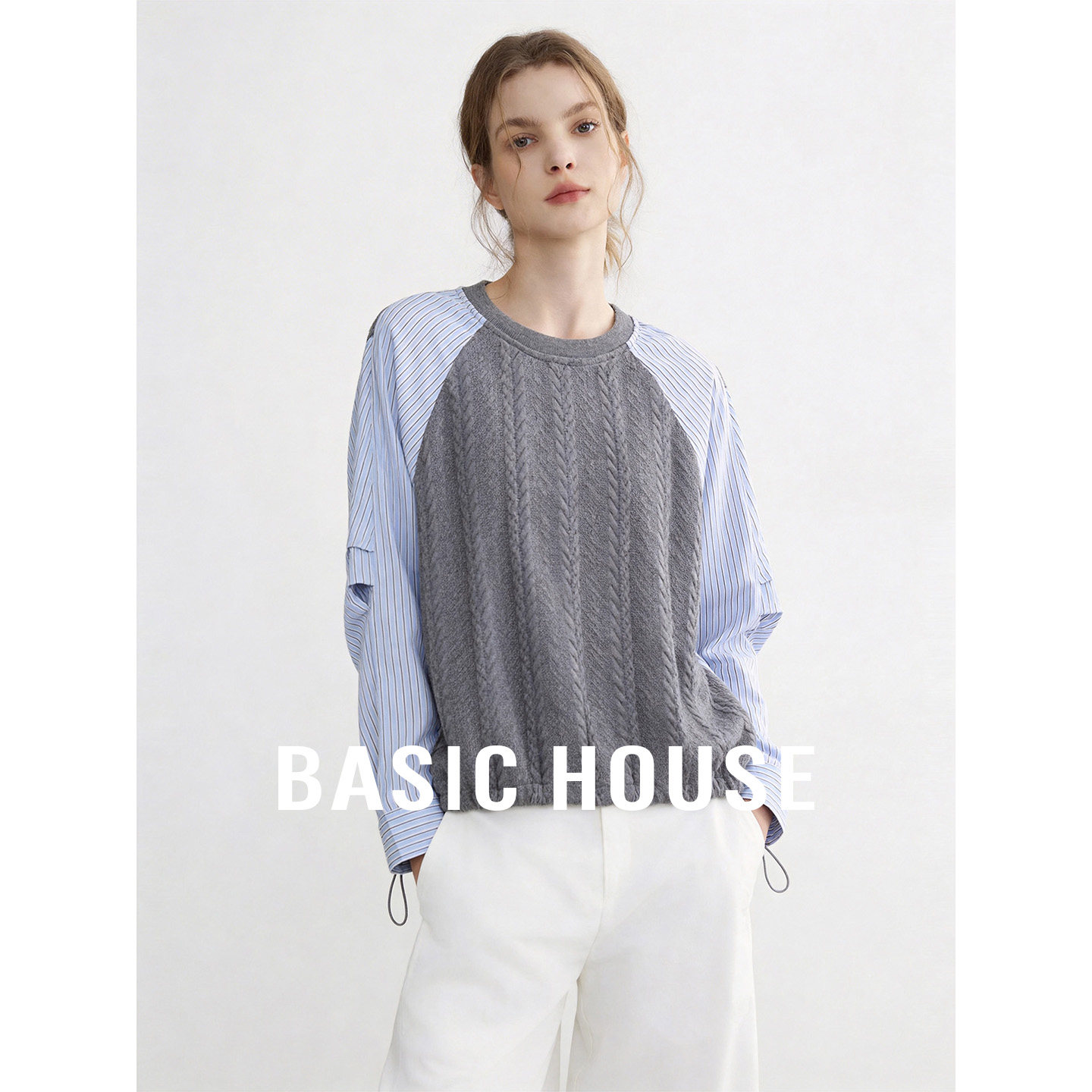 Basic House/百家好撞色条纹拼接假两件针织衫女圆领宽松麻花上衣